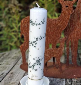 dänische kalenderkerze-weiss-goldene sterne u. zahlen