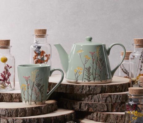 Preview: teegeschirr-kanne-zwei-tassen-vintage-gruen-blumen