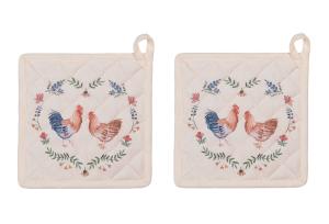 Topflappen creme m. Blumen u. Hühner Motiv